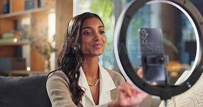 Buy stock photo Indian woman, influencer and home with smartphone for social media, online vlog and live streaming. Gen z, content creator and podcast as university student for educational talk and motivation