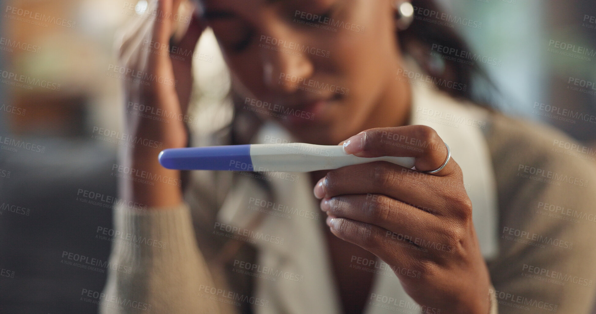 Buy stock photo Stress, hands and woman with worry for pregnancy test with contraceptive fail, regret or fear of maternity in home. Person, anxiety and nervous for stick results with waiting, thinking or overwhelmed