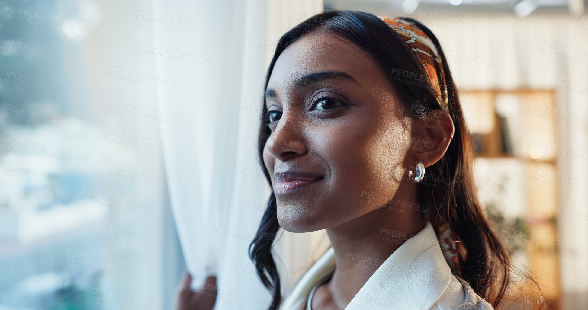 Buy stock photo Indian woman, smile or window in home with thinking or positive, idea or planning for work. Female teacher, glass or house with reflection for winter or weather, happy for climate or morning decision