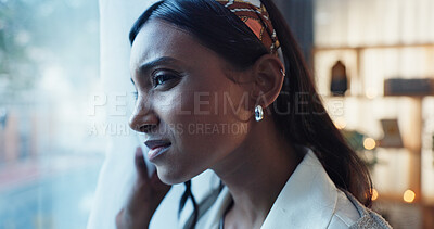 Buy stock photo Indian woman, worry or window in home with thought or confused, storm with travel restrictions for work. Female teacher, glass or house with thinking for winter or weather, fear for climate change