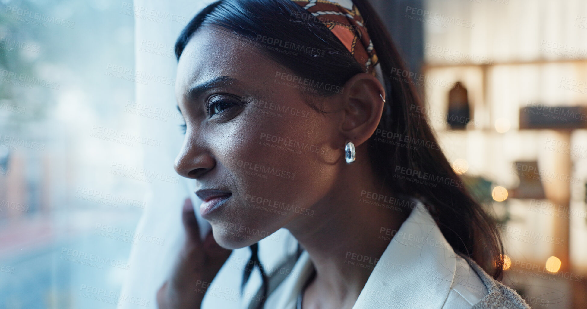 Buy stock photo Indian woman, worry or window in home with thought or confused, storm with travel restrictions for work. Female teacher, glass or house with thinking for winter or weather, fear for climate change