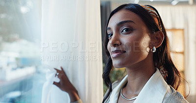 Buy stock photo Indian woman, happy or glass in home with thinking or positive, idea or planning for work. Female teacher, window or house with reflection for winter or weather, smile for climate or morning decision