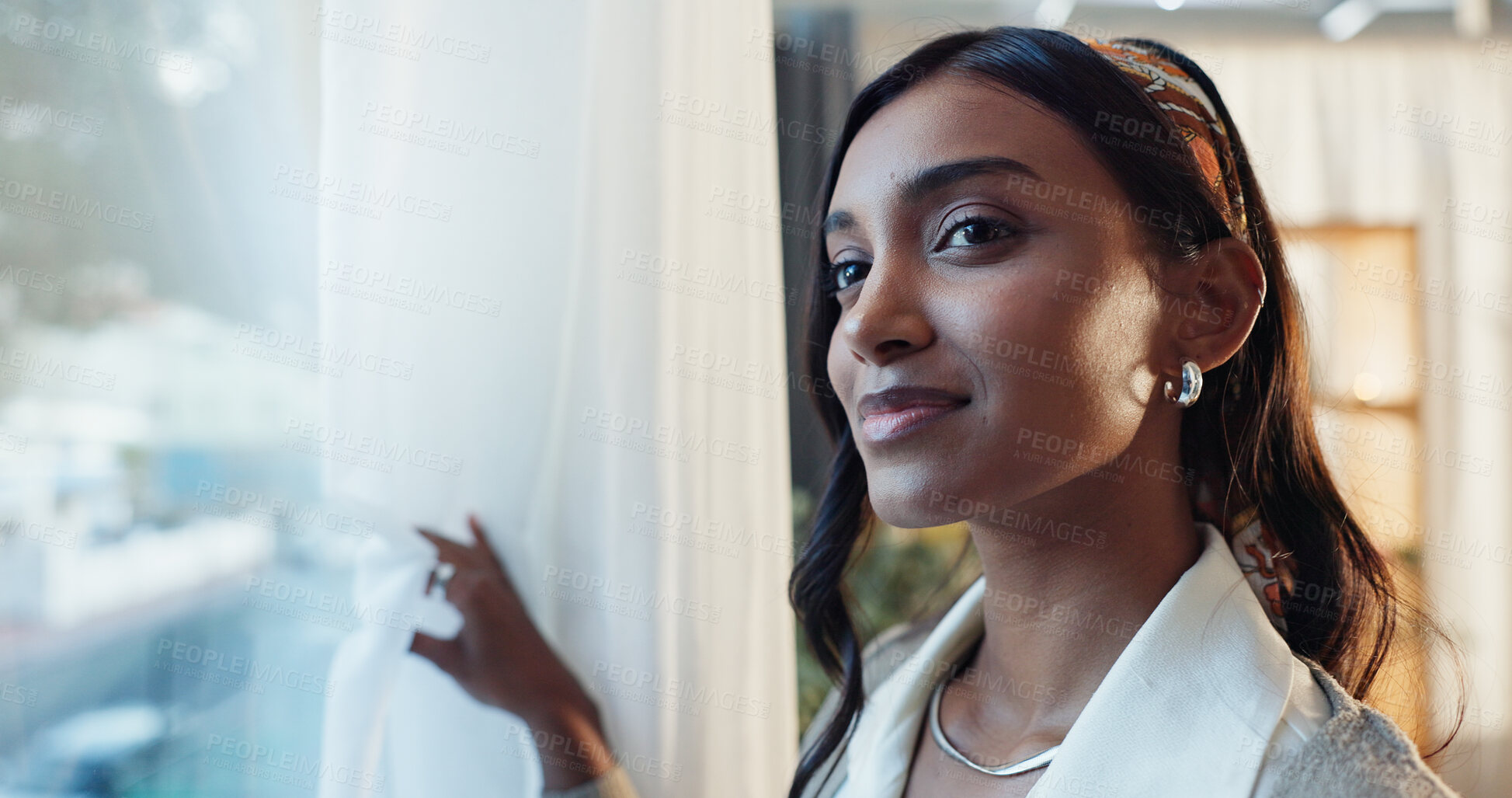 Buy stock photo Indian woman, happy or glass in home with thinking or positive, idea or planning for work. Female teacher, window or house with reflection for winter or weather, smile for climate or morning decision