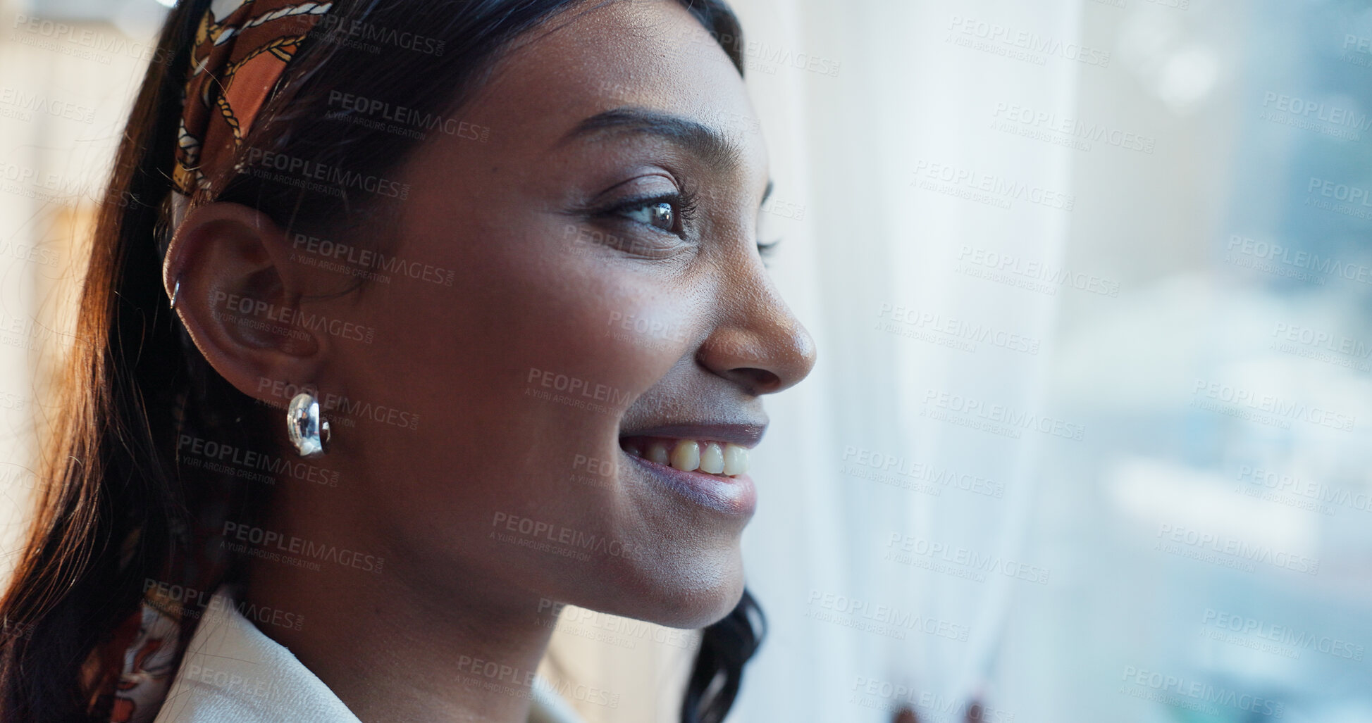 Buy stock photo Female teacher, happy or window in home with thinking or positive, idea or planning for work. Indian woman, glass or house with reflection for winter or weather, smile for climate or morning decision