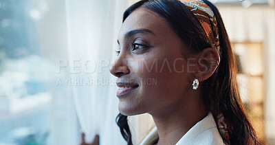 Buy stock photo Indian woman, happy or window in home with thinking or positive, idea or planning for work. Female teacher, glass or house with reflection for winter or weather, smile for climate or morning decision