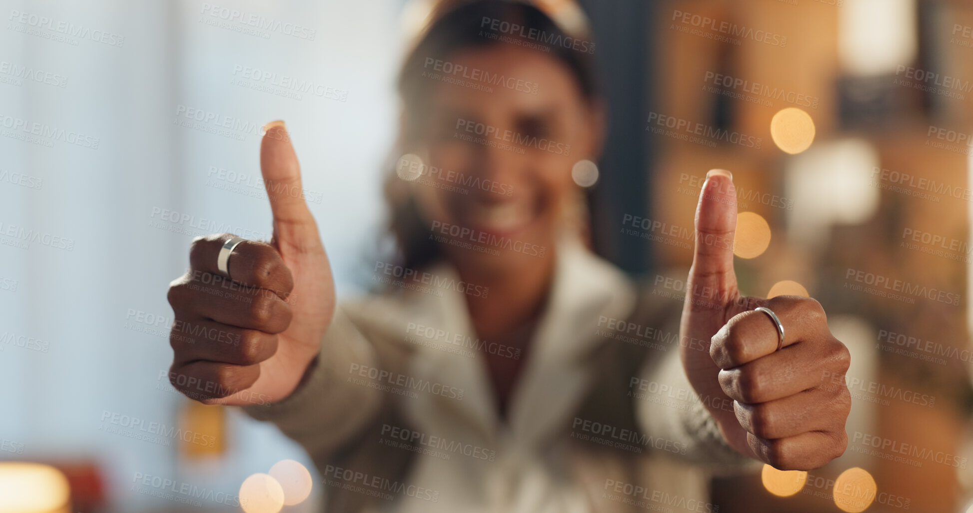 Buy stock photo Woman, thumbs up and happiness for good news, positive feedback or successful application in home. Gesture, female person and excited with yes for job offer, new hire or support for business or work