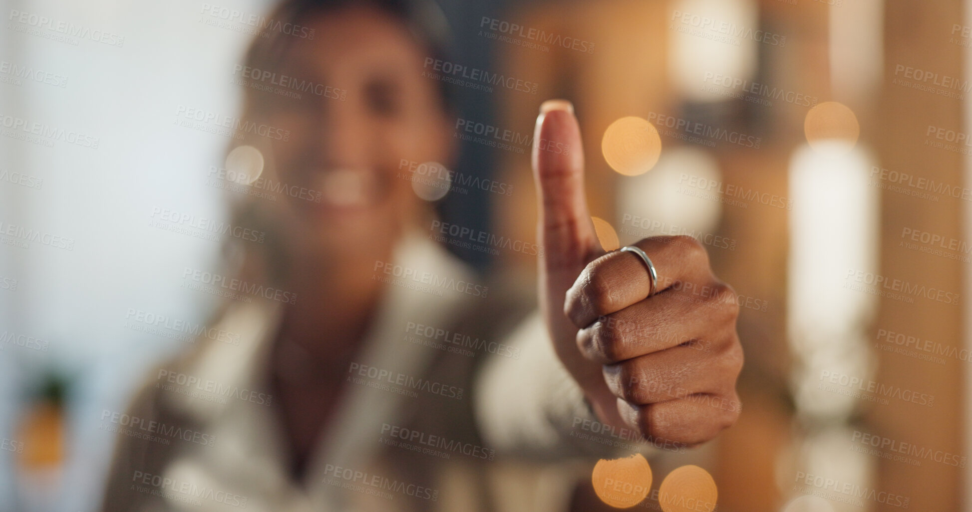 Buy stock photo Girl, thumbs up and happy for good news, positive feedback or successful application in home. Hand gesture, female person and excited with yes for job offer, new hire or support for business or work