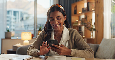 Buy stock photo Woman, happy and cellphone at desk for networking, communication and social media in home. Journalist, smile and online for research or website for internet, feedback and blog review in living room