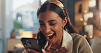 Phone, wow and face of woman in home for social media, funny story and online gossip in living room. Gen z girl, shocked and mobile with excited for win, happy and competition results on internet