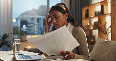 Buy stock photo Remote work form home, headache and woman with documents, laptop and stress with pain. Person, copywriting and entrepreneur with migraine, overworked and burnout with deadline, tired and frustrated