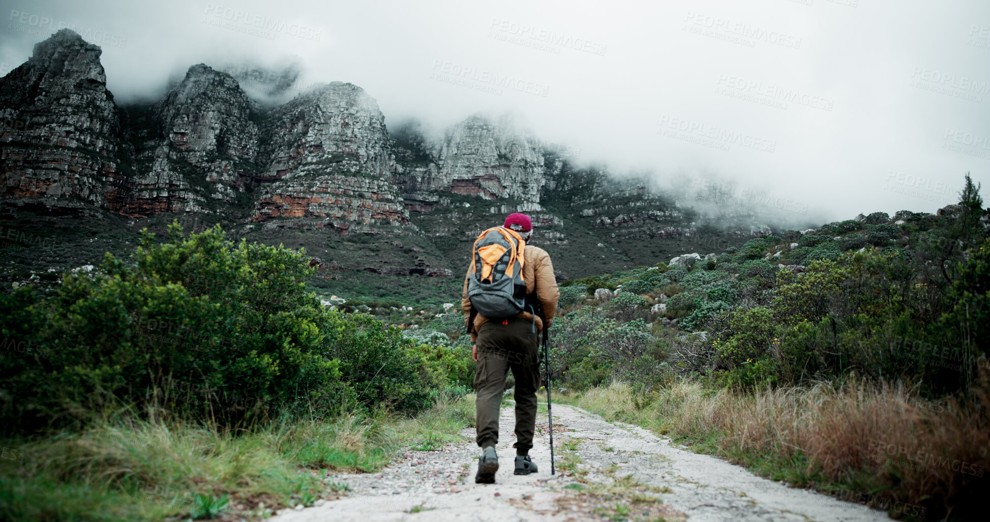 Buy stock photo Sky, mockup or man on trail hiking in outdoor adventure or journey in nature for travel or walking. Hiker, healthy and back of person on path in woods for holiday, exercise or trekking to explore