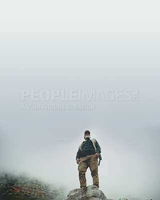 Buy stock photo Sky space, rock or man hiking in outdoor adventure or journey in nature for travel or walking. Low angle, view mockup and hiker on mountain peak for holiday vacation, exercise or trekking to explore