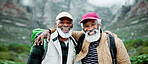 Portrait, senior or black people hiking in nature in outdoor adventure or journey in woods for travel. Face, wellness or happy friends on break for holiday, vacation or trekking to explore with smile