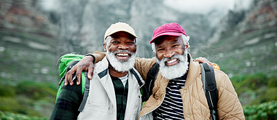 Buy stock photo Portrait, senior or black people hiking in nature in outdoor adventure or journey in woods for travel. Face, wellness or happy friends on break for holiday, vacation or trekking to explore with smile