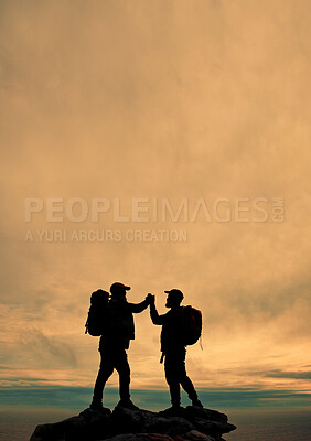 Buy stock photo High five, silhouette and space with friends on mountain peak together for fitness, hiking or view of ocean. Celebration, sky and success with hiker people in nature for exercise, hobby or vacation