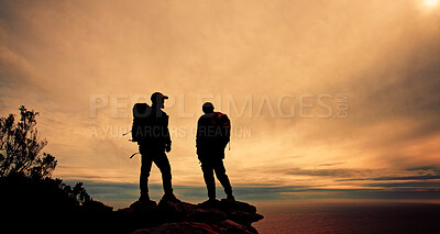 Buy stock photo Sunset, mountain peak or people hiking in silhouette outdoor adventure or journey in nature for travel. Evening, wellness and friends on trail walking for holiday, break or trekking to explore for view