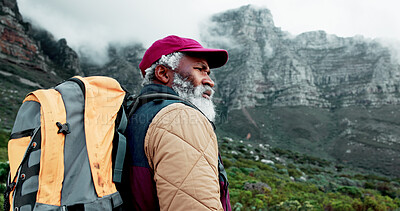 Buy stock photo Senior, mountain or black man hiking in forest adventure or journey in wood for outdoor travel. Banner, nature and person thinking on trail walking for holiday, break or trekking to explore in France