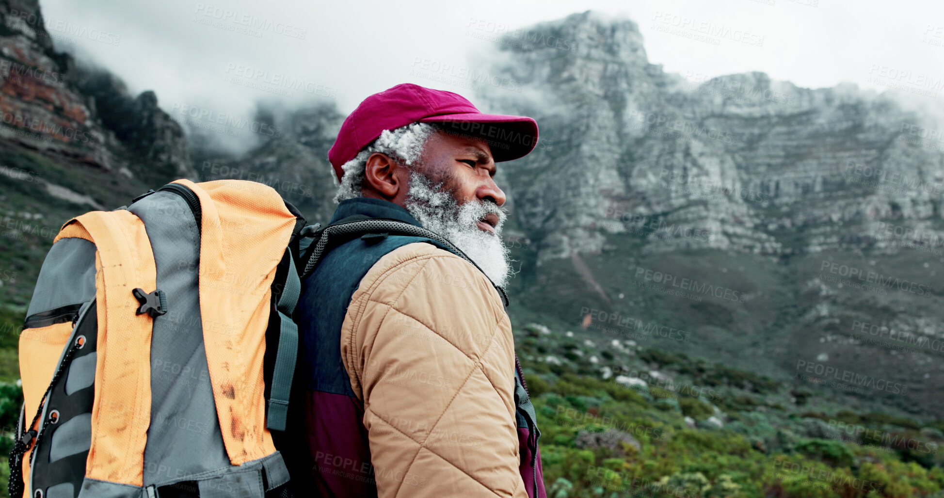 Buy stock photo Senior, mountain or black man hiking in forest adventure or journey in wood for outdoor travel. Banner, nature and person thinking on trail walking for holiday, break or trekking to explore in France