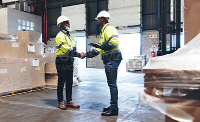 Buy stock photo Business people, handshake and logistics with tablet for supply chain, distribution or quality stock at warehouse. Businessman, colleagues or employees shaking hands with technology for inventory