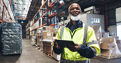 Buy stock photo Black man, smile and tablet in warehouse for inspection, inventory check and stock management for web. Logistic, thinking or mature supervisor with tech for shipping order, quality control or courier