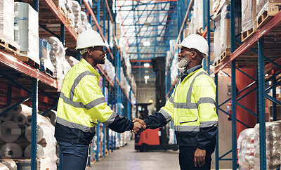 Buy stock photo Business people, handshake and logistics with meeting for supply chain or partnership in distribution at warehouse. Businessman, colleagues or employees shaking hands together for inventory storage