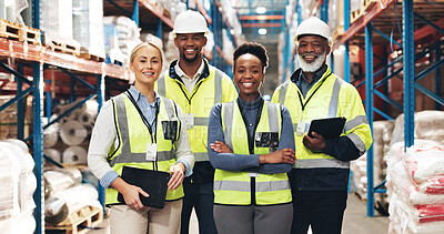 Buy stock photo Business people, portrait and logistics with professional team for supply chain, distribution or storage at warehouse. Group, colleagues or employees with smile in confidence for inventory control