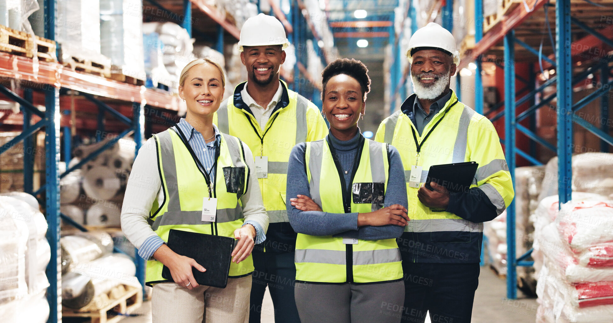 Buy stock photo Business people, portrait and logistics with professional team for supply chain, distribution or storage at warehouse. Group, colleagues or employees with smile in confidence for inventory control