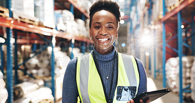 Buy stock photo Black woman, portrait and tablet in warehouse for logistic, inventory check and stock management for web. Inspection, employee or supervisor with digital for shipping order, quality control and smile