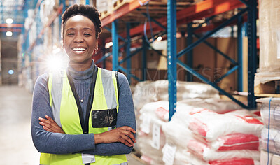 Buy stock photo Black woman, portrait and supplier with confidence for logistics, shipment or inventory management at warehouse. Young African female person or distributor with smile or arms crossed in distribution