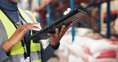 Buy stock photo Black person, hands and tablet in warehouse for logistics, inventory check and stock management for web. Inspection, employee or supervisor with digital for shipping order, quality control and scroll