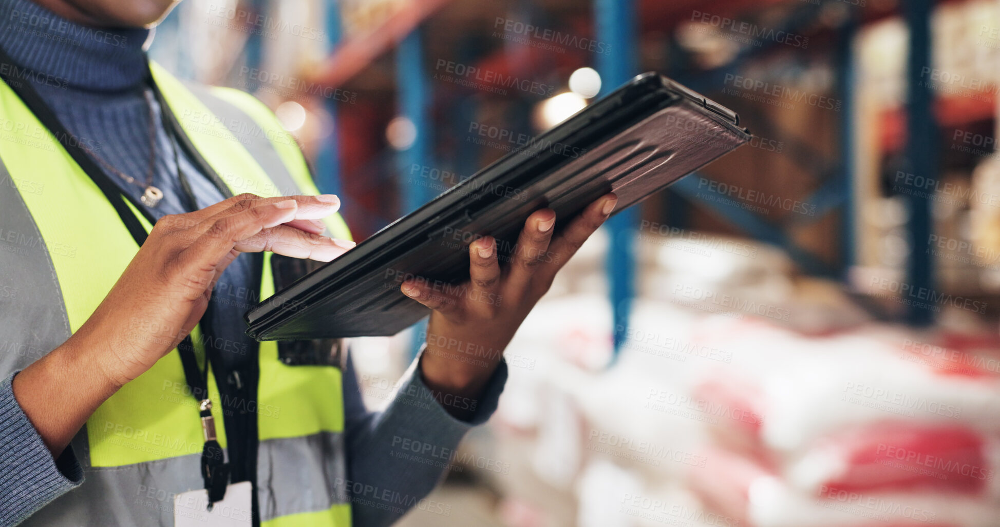 Buy stock photo Black person, hands and tablet in warehouse for logistics, inventory check and stock management for web. Inspection, employee or supervisor with digital for shipping order, quality control and scroll