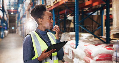 Buy stock photo Inspection, black woman and logistics with radio for communication, stock update and supply chain. Warehouse, discussion and supervisor with tablet for inventory check, quality control and feedback