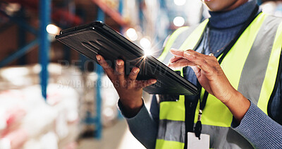 Buy stock photo Black person, hands and tablet in warehouse for online, inventory check and stock management for scroll. Inspection, employee or supervisor with tech for shipping order, quality control and logistics