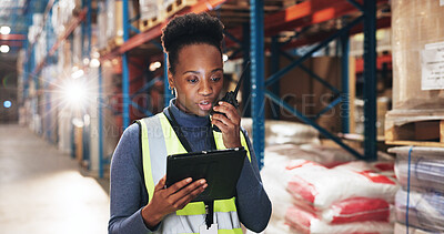 Buy stock photo Inspection, black woman and logistics with radio for talking, stock update and supply chain updates. Warehouse, discussion and supervisor with tablet for inventory check, quality control and feedback