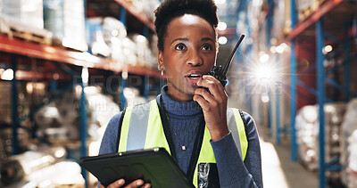 Buy stock photo Warehouse, black woman and logistics with radio for talking, stock update and supply chain updates. Thinking, discussion and supervisor with tablet for inventory check, quality control and feedback