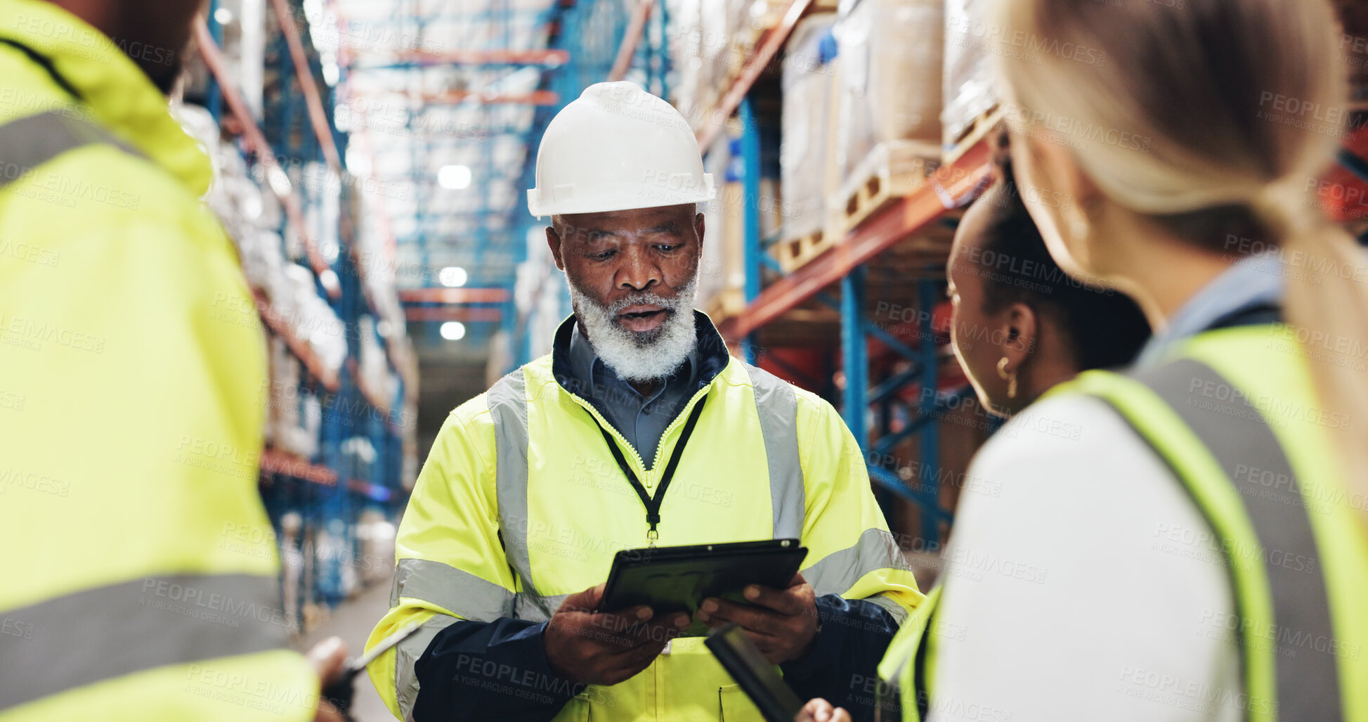 Buy stock photo Warehouse, planning and people with tablet in discussion for inventory checklist, inspection or update. Dropshipping, storage and meeting with tech by shelf for stock, export or operations management