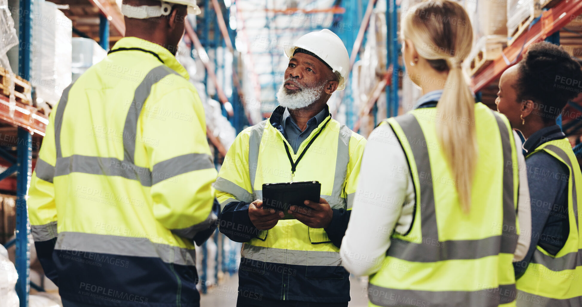 Buy stock photo Logistics, discussion and people with tablet in warehouse for stock inspection, checklist or update. Dropshipping, worker and storage with tech by shelf for inventory, export or operations management