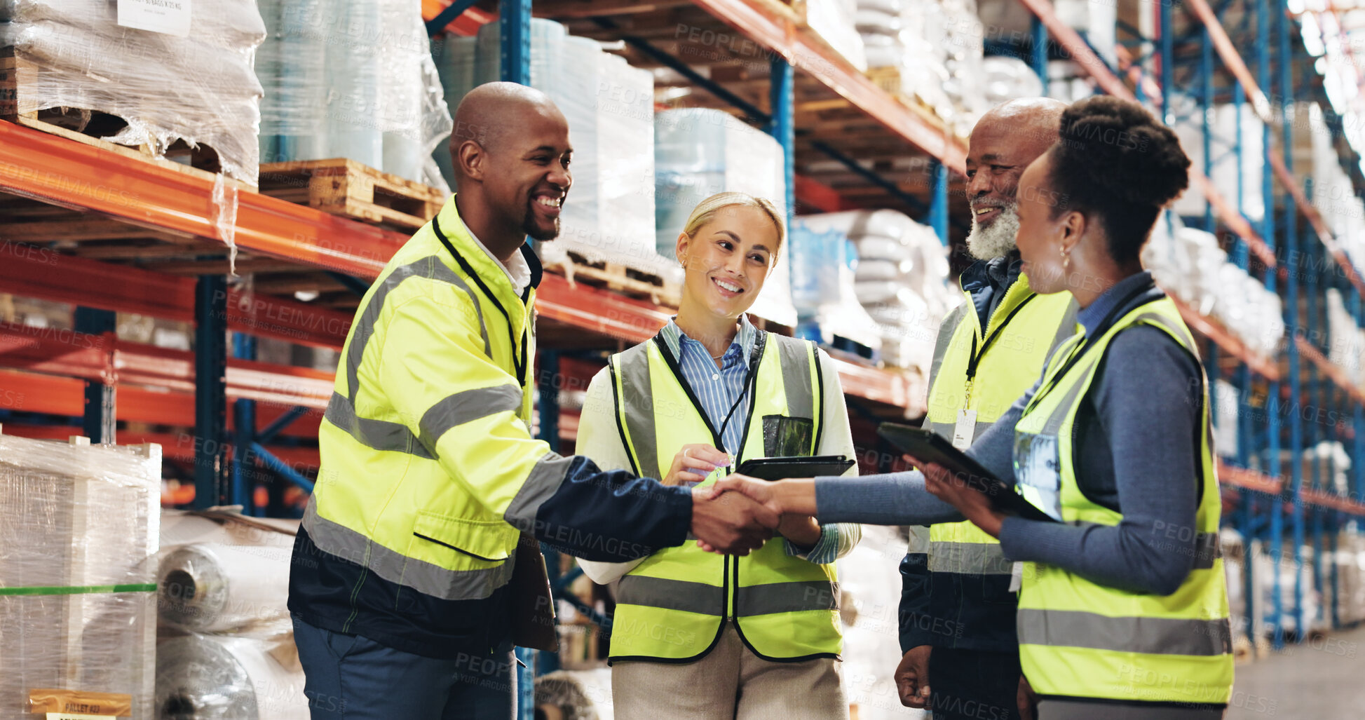 Buy stock photo Business people, handshake and logistics with tablet for meeting in supply chain, distribution or stock at warehouse. Welcome colleagues, employees or shaking hands with technology for inventory