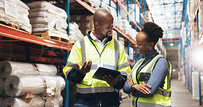 Buy stock photo Business people, supplier and inventory with tablet for stock, distribution or logistics at warehouse. Businessman, distributor or young employees with technology for supply chain or storage at depot