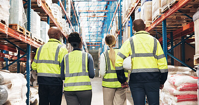 Buy stock photo Logistics, people and back with inventory in warehouse for supply chain, inspection and distribution. Dropshipping, storage and workers with  by shelf for stock management, training and global export