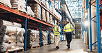 Logistics, people and back with stock in warehouse for supply chain, distribution and inspection. Dropshipping, storage and workers by shelf for inventory management, training and global export plan