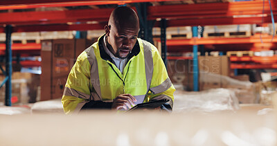 Buy stock photo Logistics, black man and tablet in warehouse for inspection, inventory check and stock management. Supply chain, employee or supervisor with digital for shipping orders, quality control and checklist