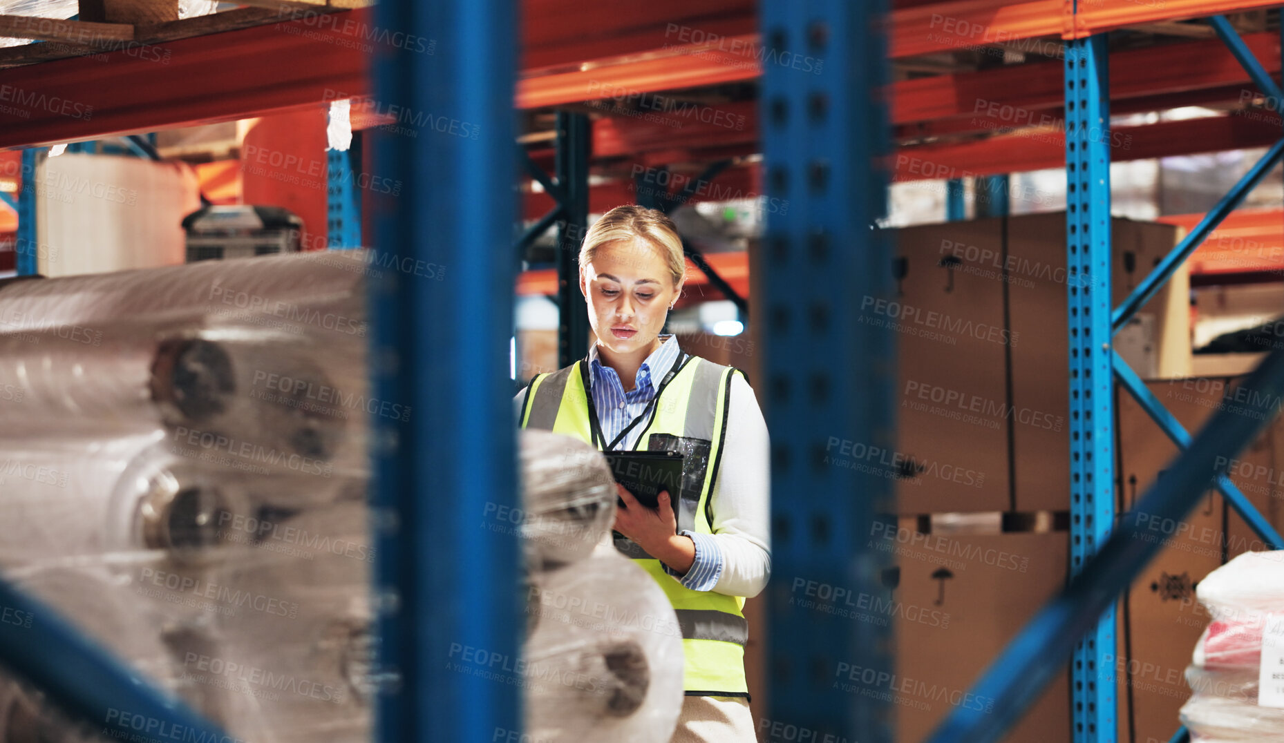 Buy stock photo Woman, supplier and inventory with tablet in logistics for quality control or checking stock at warehouse. Young female person, distributor or manager with technology for counting shipment in storage