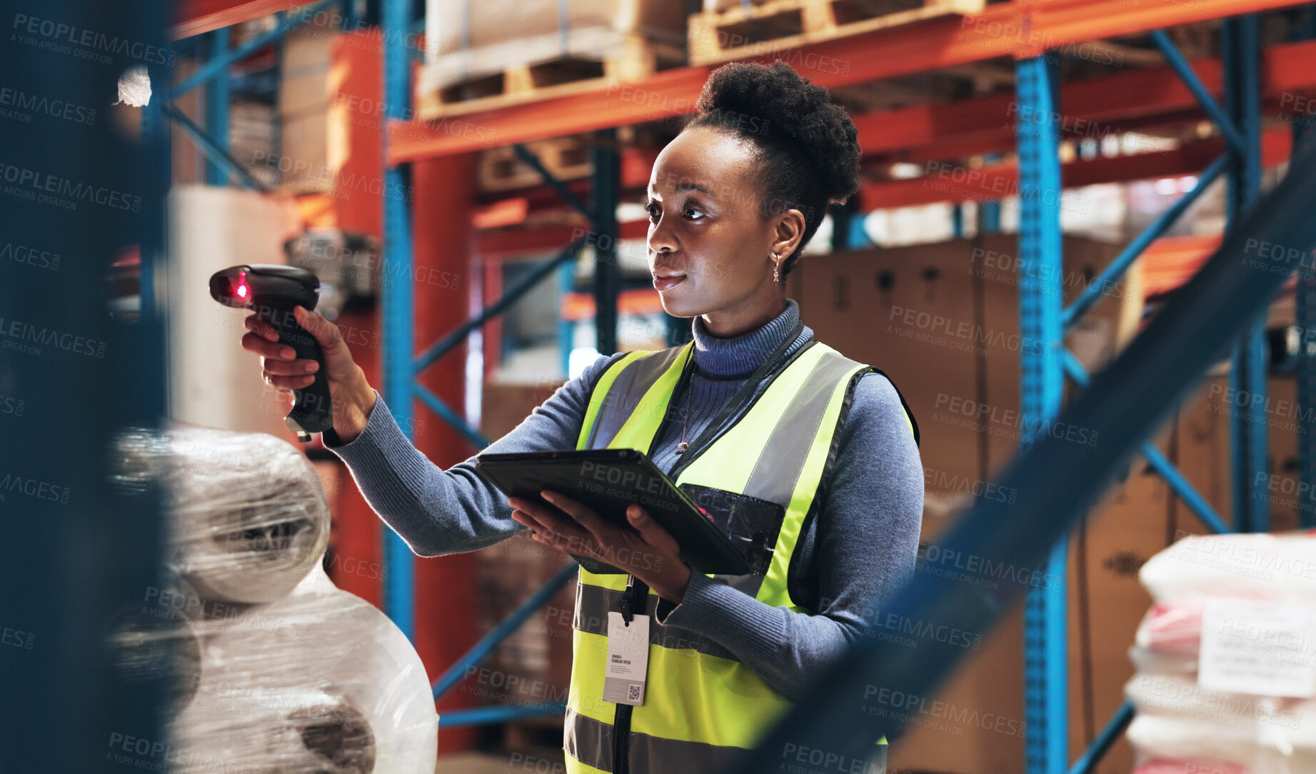 Buy stock photo Black woman, scanner and tablet with inventory in logistics for pricing, counting stock or distribution at warehouse. Young African, female person or employee checking product code for supply chain