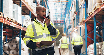 Buy stock photo Black man, clipboard and logistics with radio for communication or inventory inspection at warehouse. Young African, male person or manager talking on speaker for supply chain or storage distribution