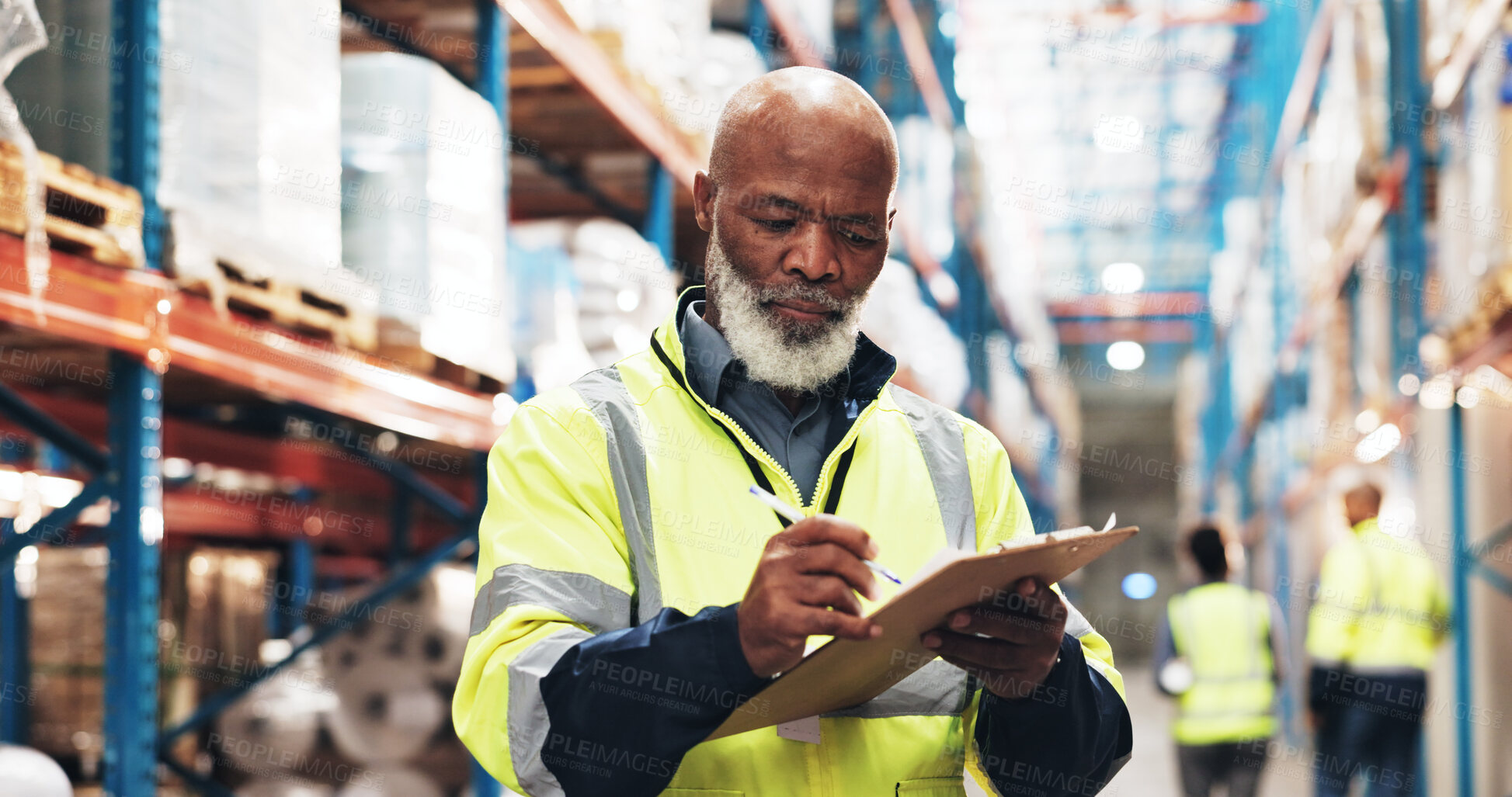 Buy stock photo Mature, black man and writing with clipboard in logistics for inventory, stock or quality control at warehouse. African supplier, male person or manager taking notes with checklist for supply chain