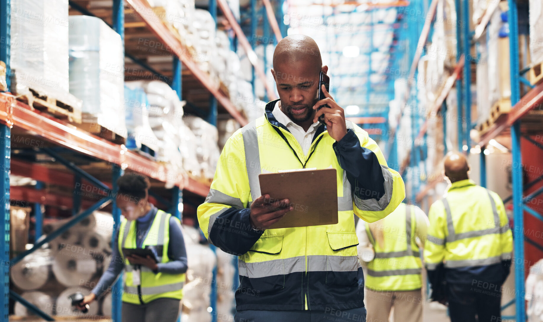 Buy stock photo Black man, clipboard and logistics with phone call for communication or inventory inspection at warehouse. Young African, male person or manager on mobile smartphone for supply chain or distribution