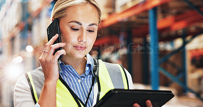 Buy stock photo Logistics, woman and tablet with phone call for talking, coordinate shipment and confirm delivery. Supply chain, female supervisor and digital with tech for inventory check, track stock and listening