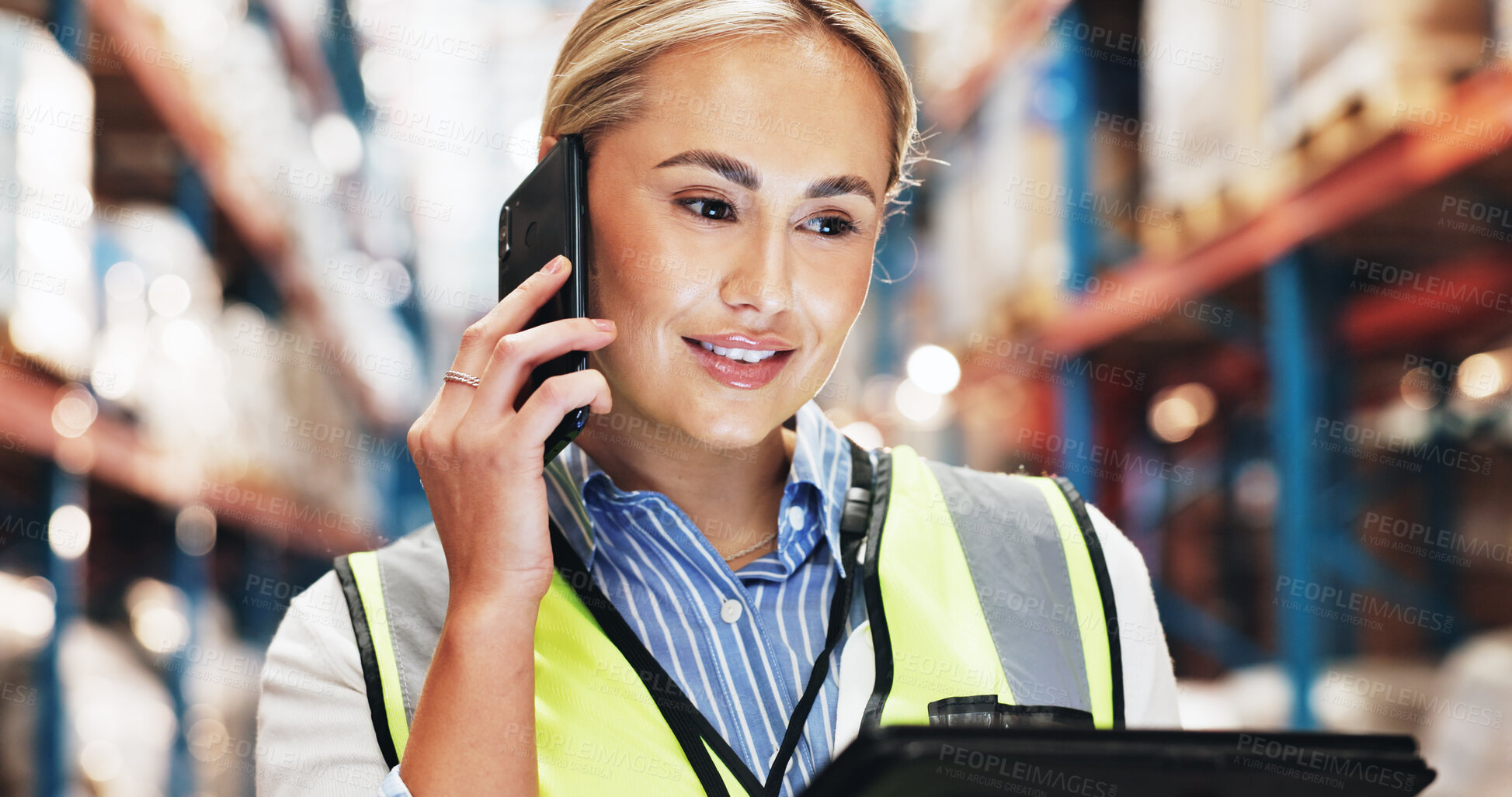 Buy stock photo Logistics, woman and tablet with phone call for distribution, coordinate shipment and confirm delivery. Supply chain, female supervisor and digital with tech for inventory check, track stock or smile
