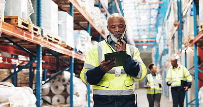 Buy stock photo Talking, mature man and logistics with radio for communication, stock update and supply chain operation. Warehouse, supervisor and inspection with tablet for inventory check, delivery and feedback 